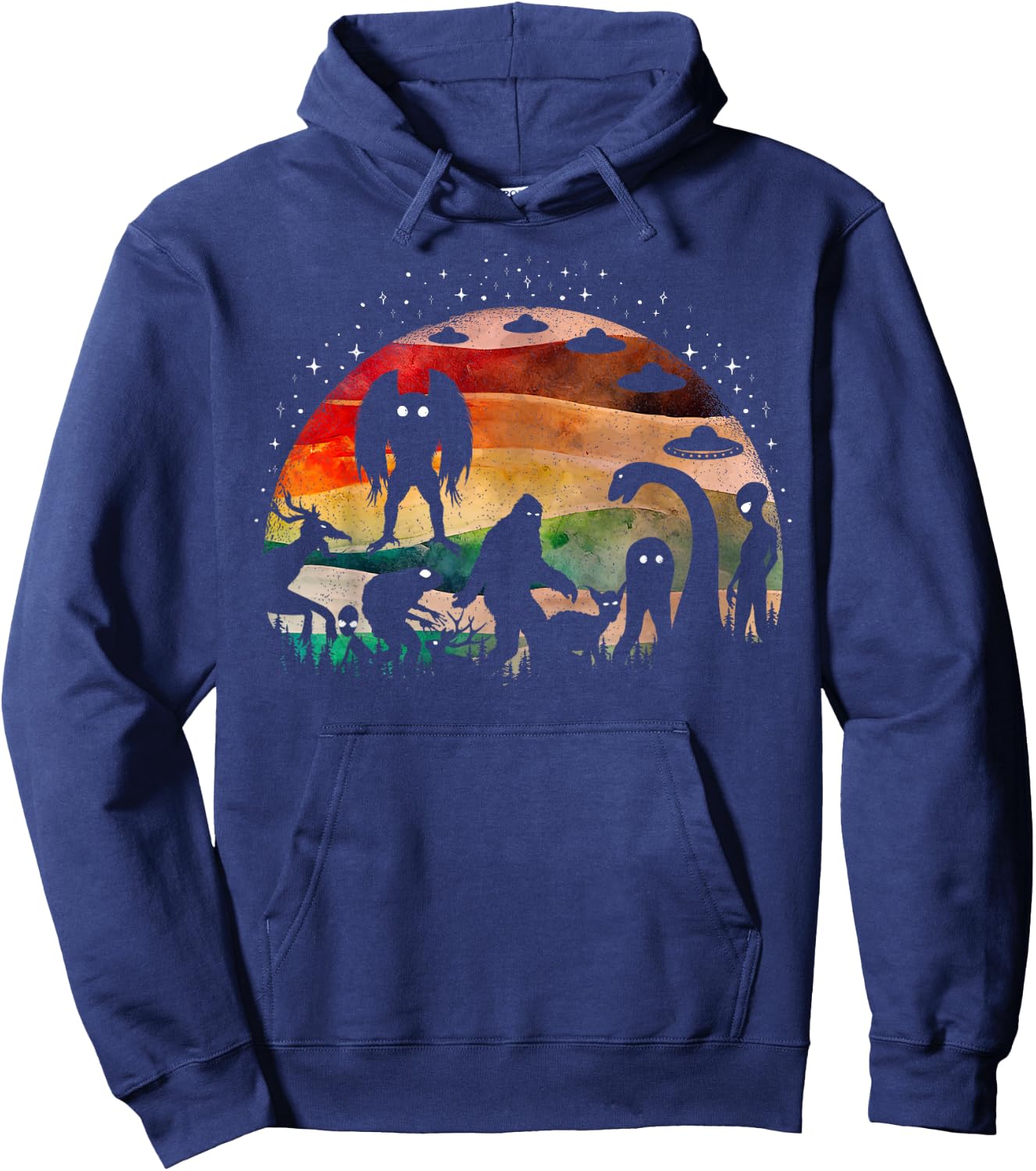 Retro Cryptid Funny Bigfoot Mothman And Aliens Cryptozoology Hoodie - Hoodie | Navy