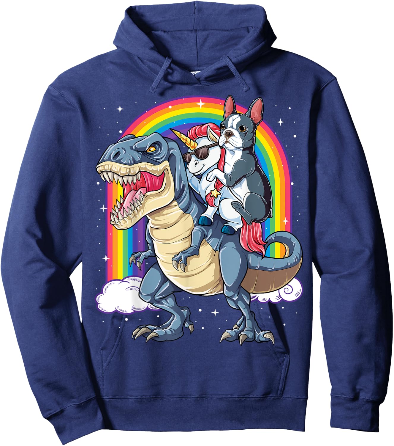 Boston Terrier Unicorn Riding Dinosaur T-rex Girls Rainbow Hoodie - Hoodie | Navy