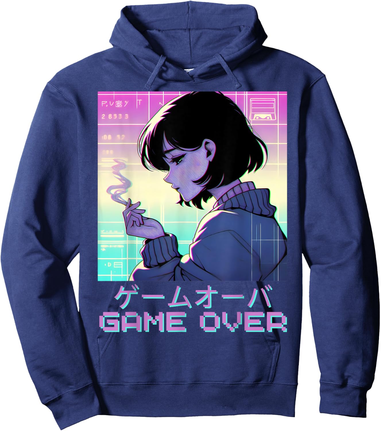 90s Japanese Sad Anime Girl Game Over Vaporwave Aesthetic Hoodie - Hoodie | Navy