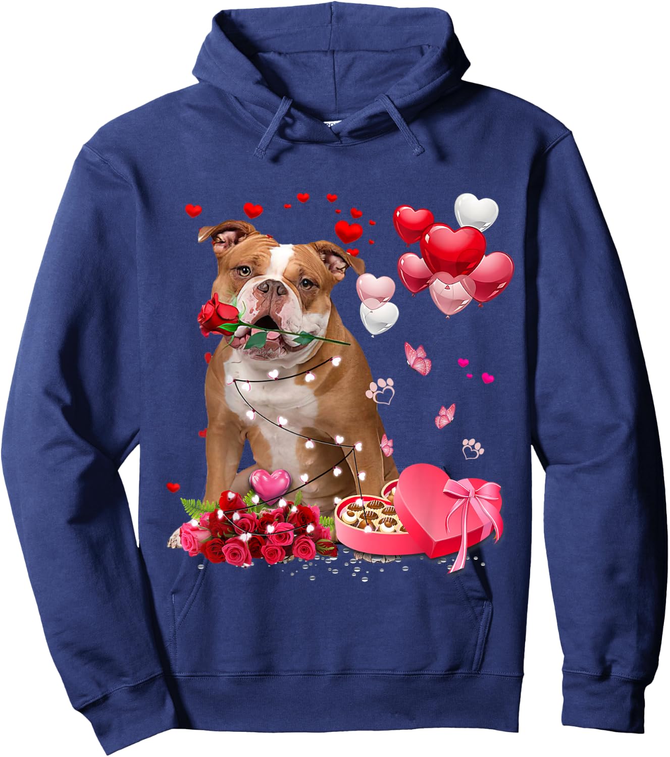 Funny Old English Bulldog Rose Heart Happy Valentine Day Dog Hoodie - Hoodie | Navy