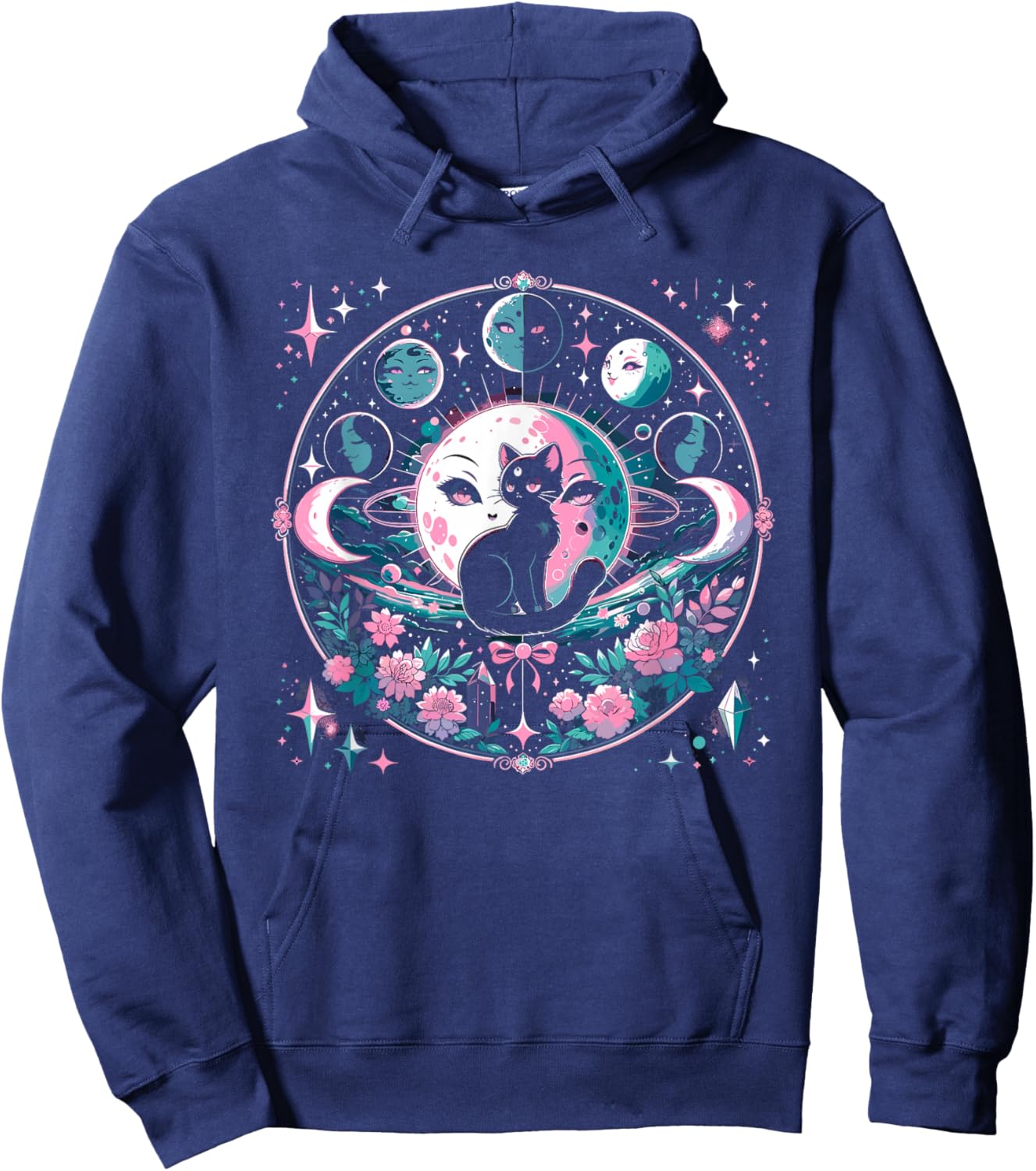 Moon Phases Crystal Witchy Cute Black Cat Kawaii Pastel Goth Hoodie - Hoodie | Navy