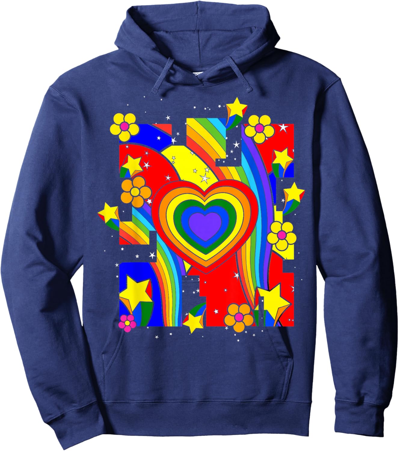 Kidcore Aesthetic Rainbow Heart Flowers Retro 80s 90s Groovy Hoodie - Hoodie | Navy