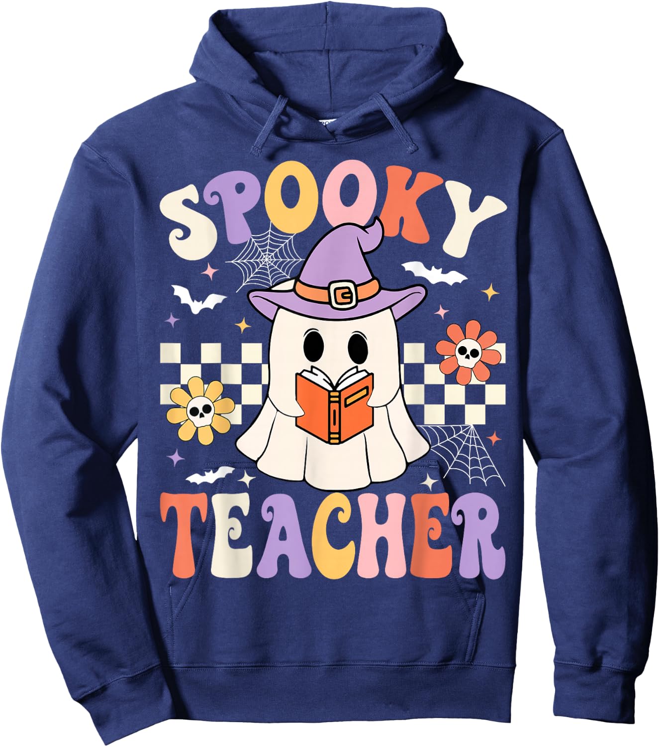 Groovy Spooky Teacher Ghost Retro Floral Teacher Halloween Hoodie - Hoodie | Navy