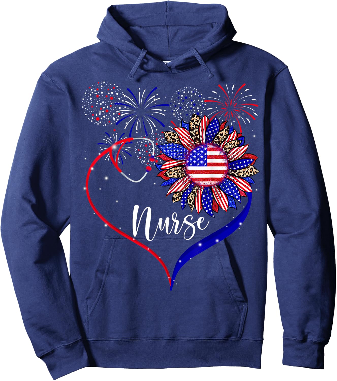 Patriotic Nurse 4th Of July American Flag Sunflower Love Hoodie - Hoodie | Navy