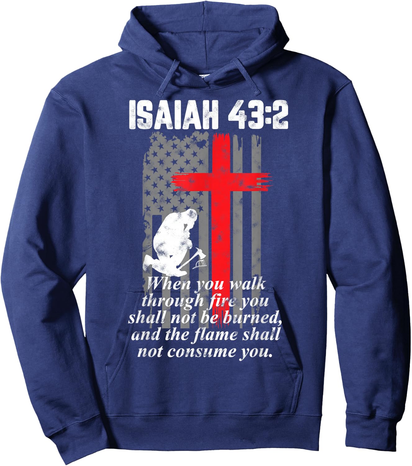 Thin Red Line Firefighter Cross Bible Verse American Flag Small Hoodie - Hoodie | Navy