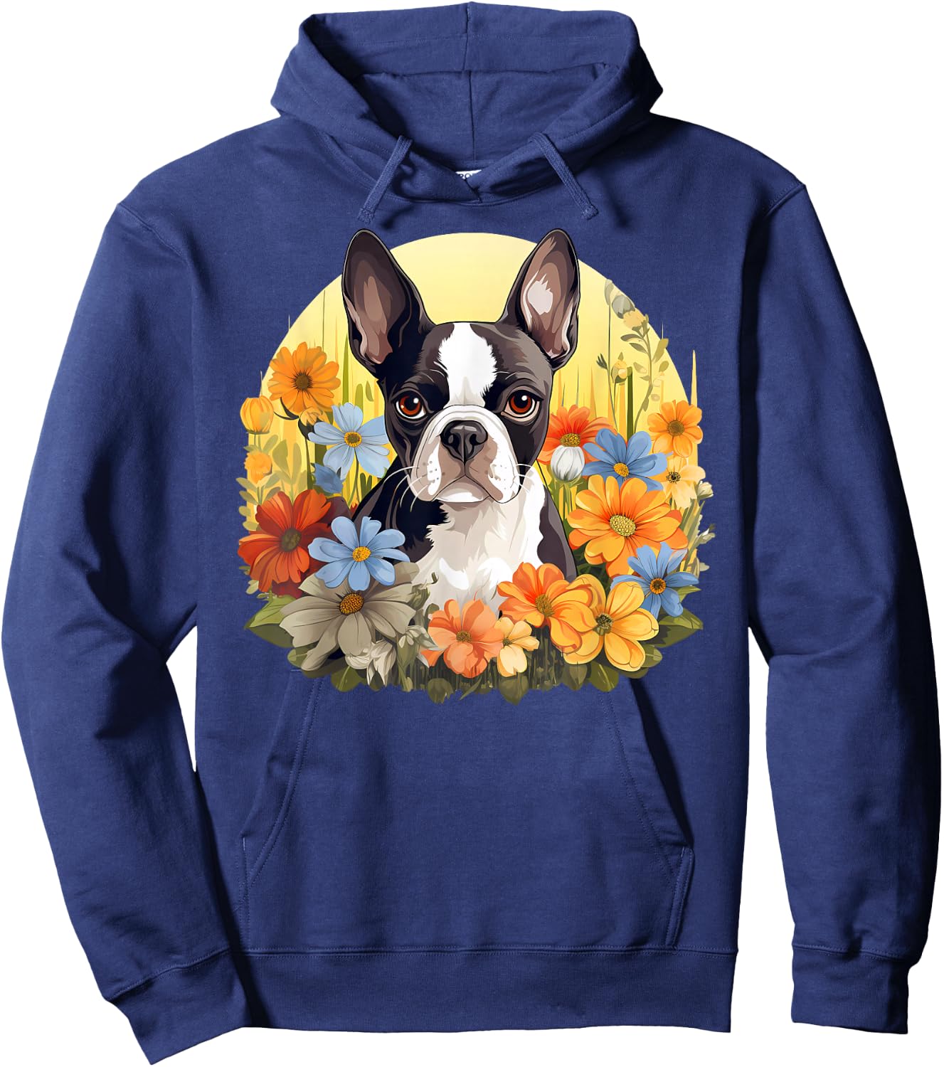 Cute Boston Terrier Spring Flower Garden Colorful Puppy Dog Hoodie - Hoodie | Navy