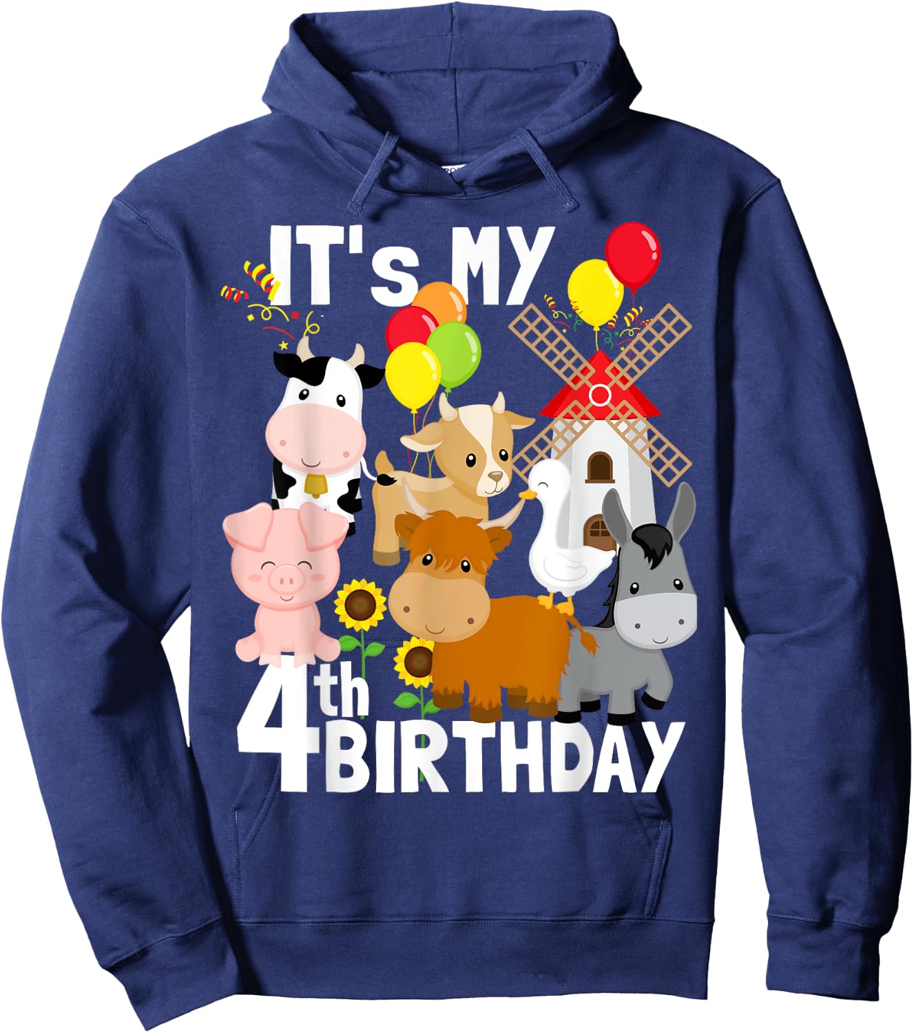 Farm Animals 4 Year Old It's My 4th Birthday Party Farm Hoodie - Hoodie | Navy