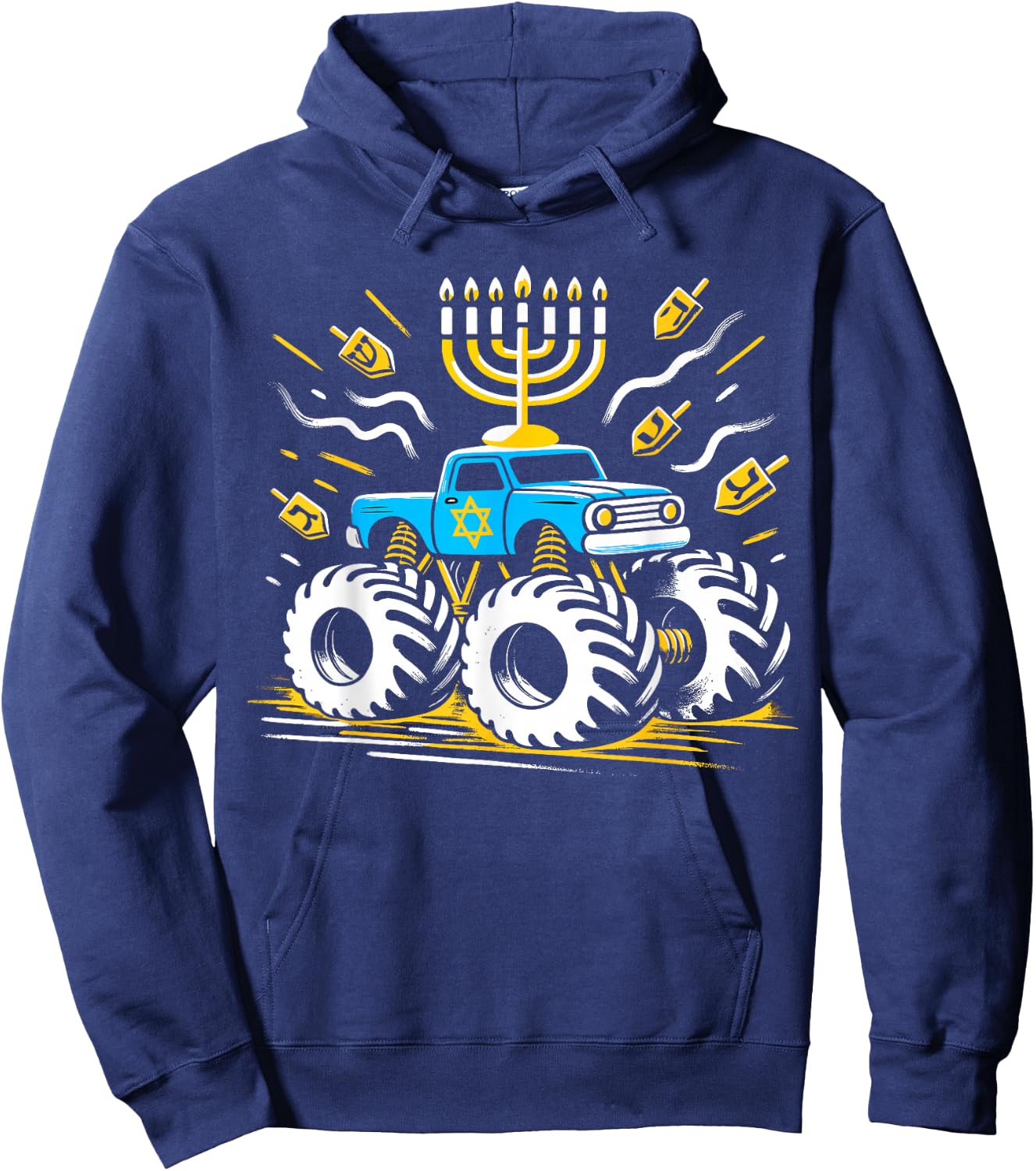 Monster Truck Menorah Dreidel Toddler Boys Hanukkah Hoodie - Hoodie | Navy