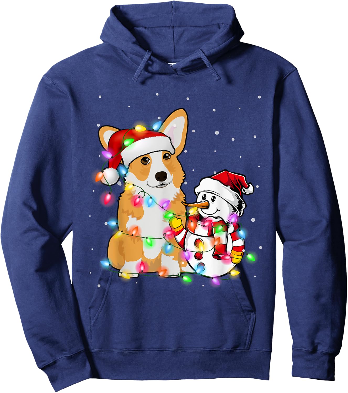 Funny Corgi Dog Christmas Snowman Xmas Lights Pajama Hoodie - Hoodie | Navy