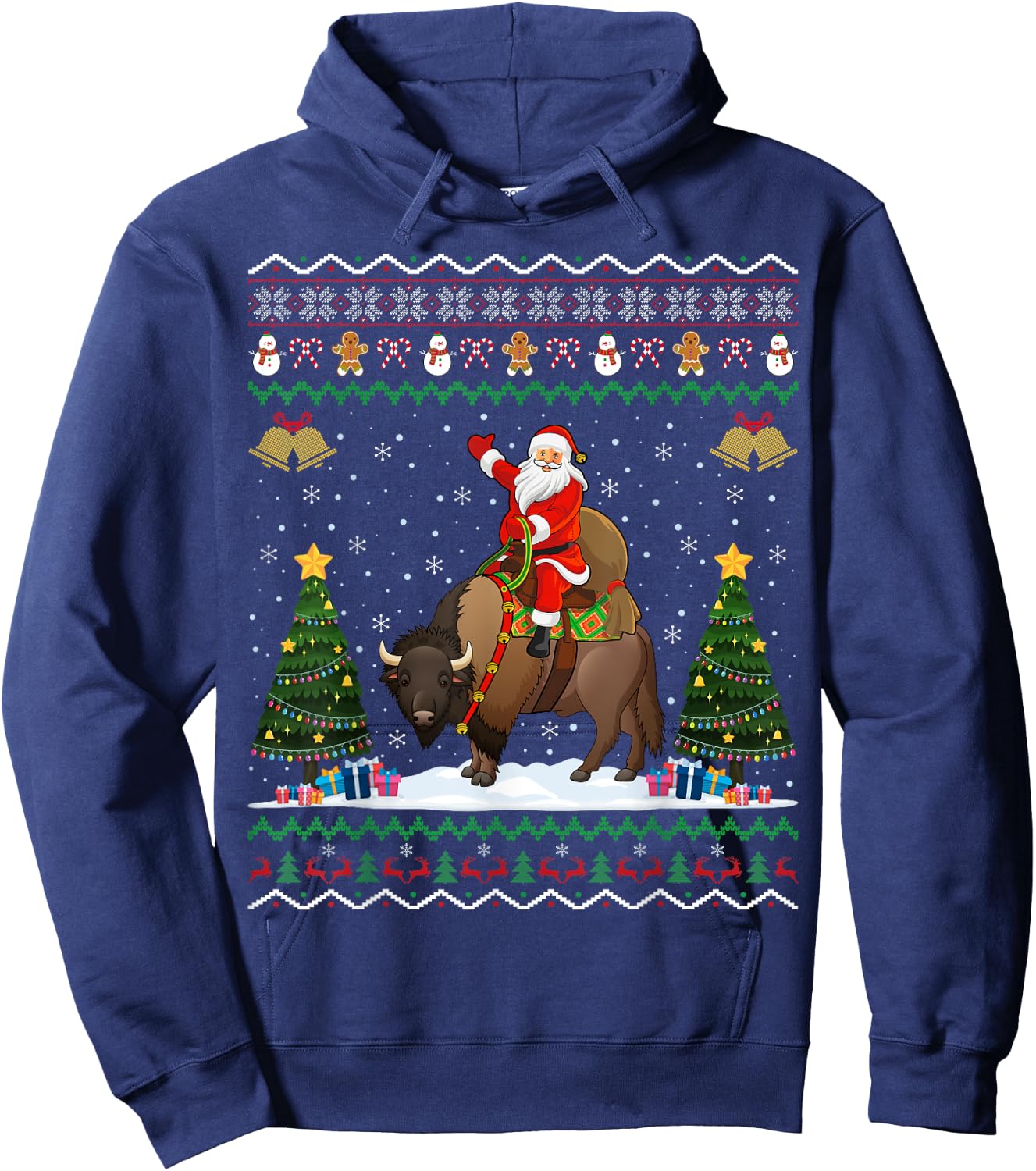 Bison Ugly Xmas Gift Santa Riding Bison Christmas Hoodie - Hoodie | Navy
