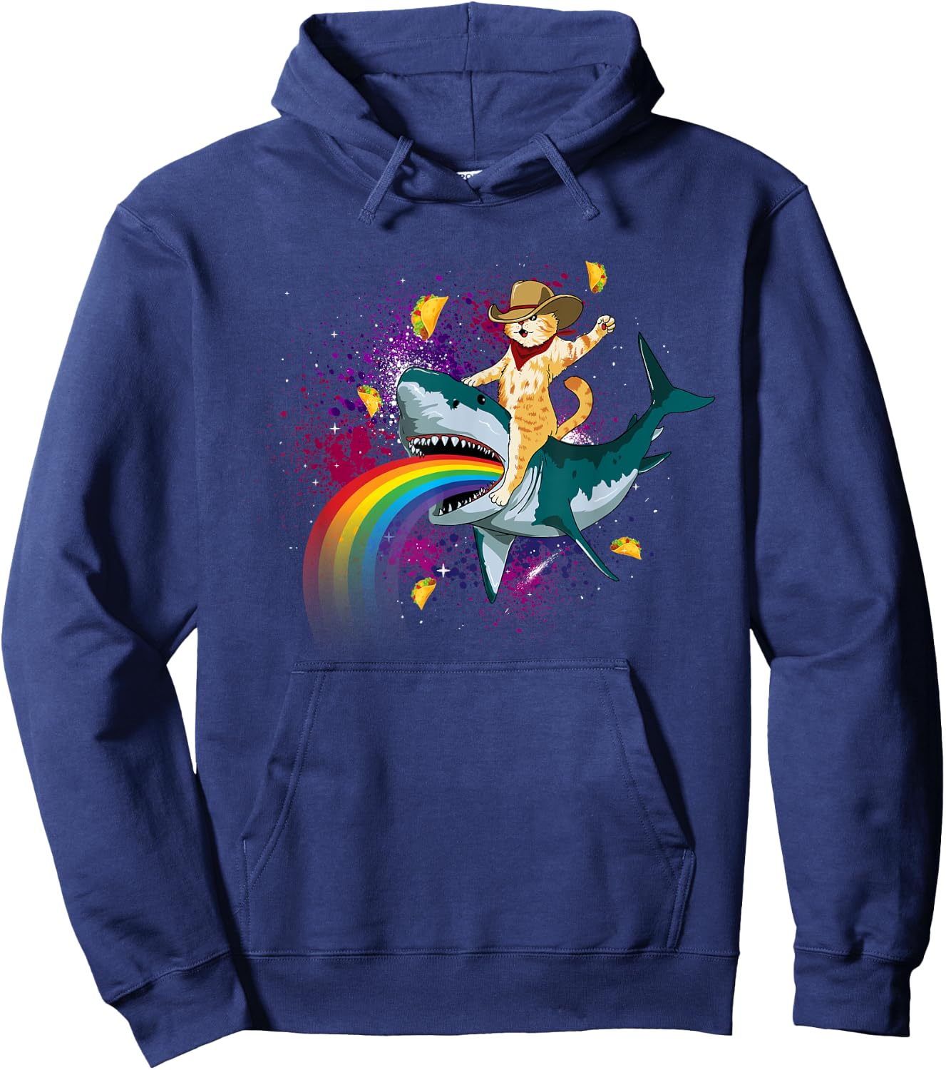 Western Cowboy Cat Riding A Shark In Taco Space Rainbow Hoodie - Hoodie | Navy