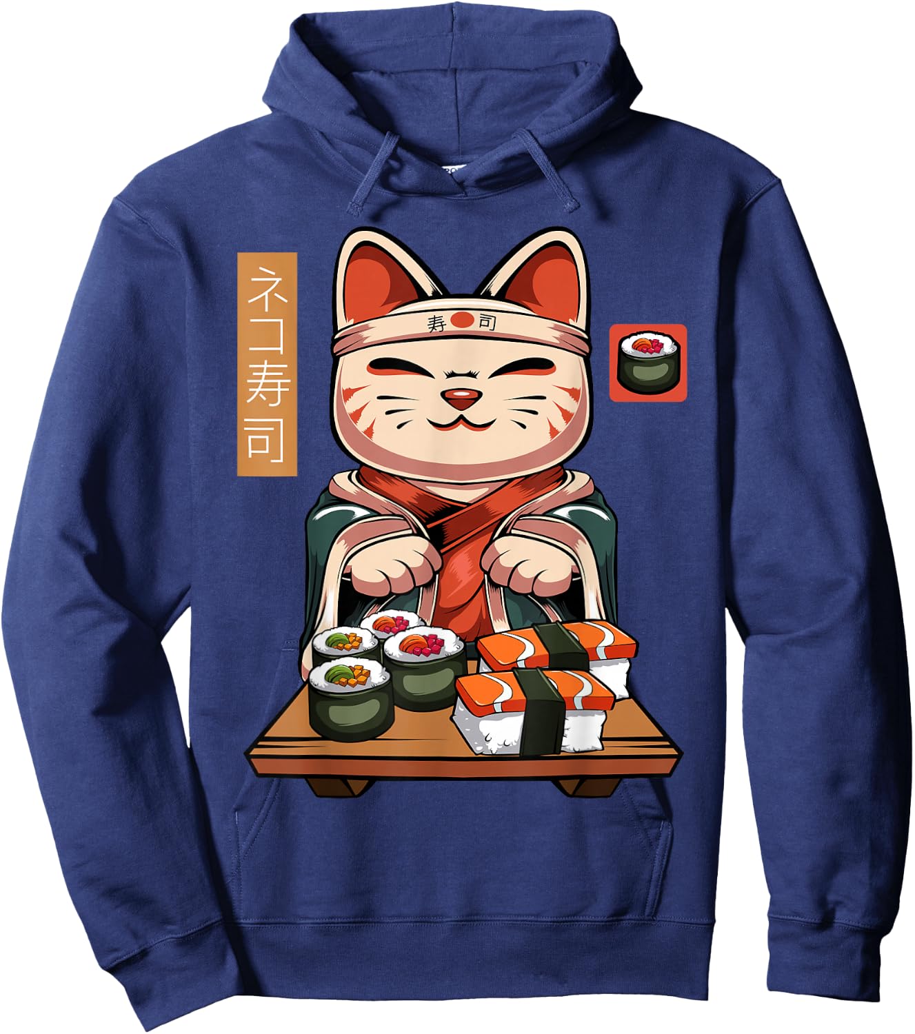 Kawaii Maneki Neko Sushi Cat - Cute Nigiri Sashimi Maki Chef Hoodie - Hoodie | Navy