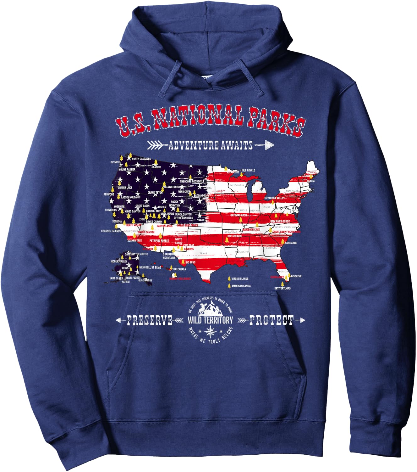 63 National Parks Map - Vintage American Flag Hiking Camping Hoodie - Hoodie | Navy