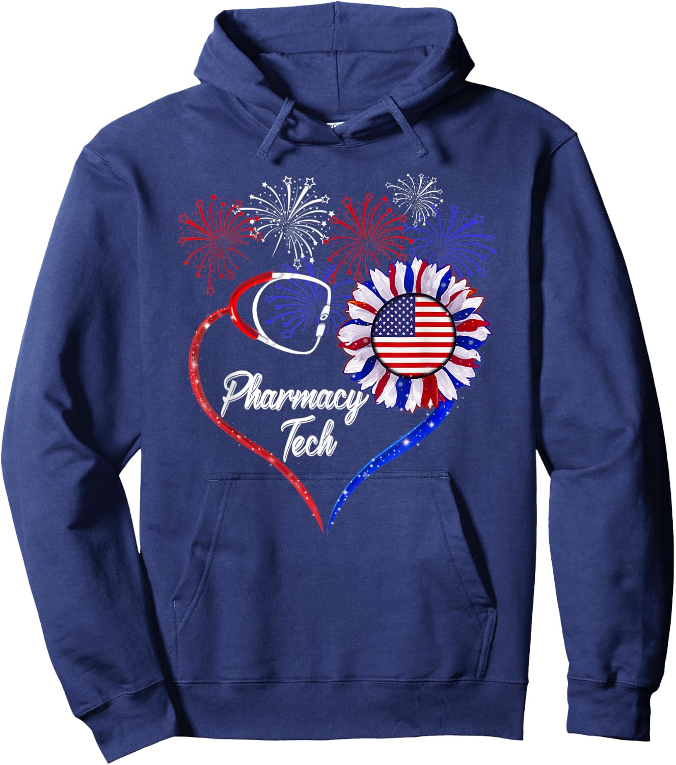 Patriotic Pharmacy Tech Sunflower 4th Of July American Flag Men Hoodie - Hoodie | Navy
