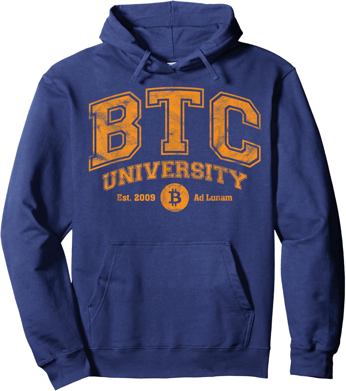 BTC University To The Moon, Funny Distressed Bitcoin College Hoodie - Hoodie | Navy