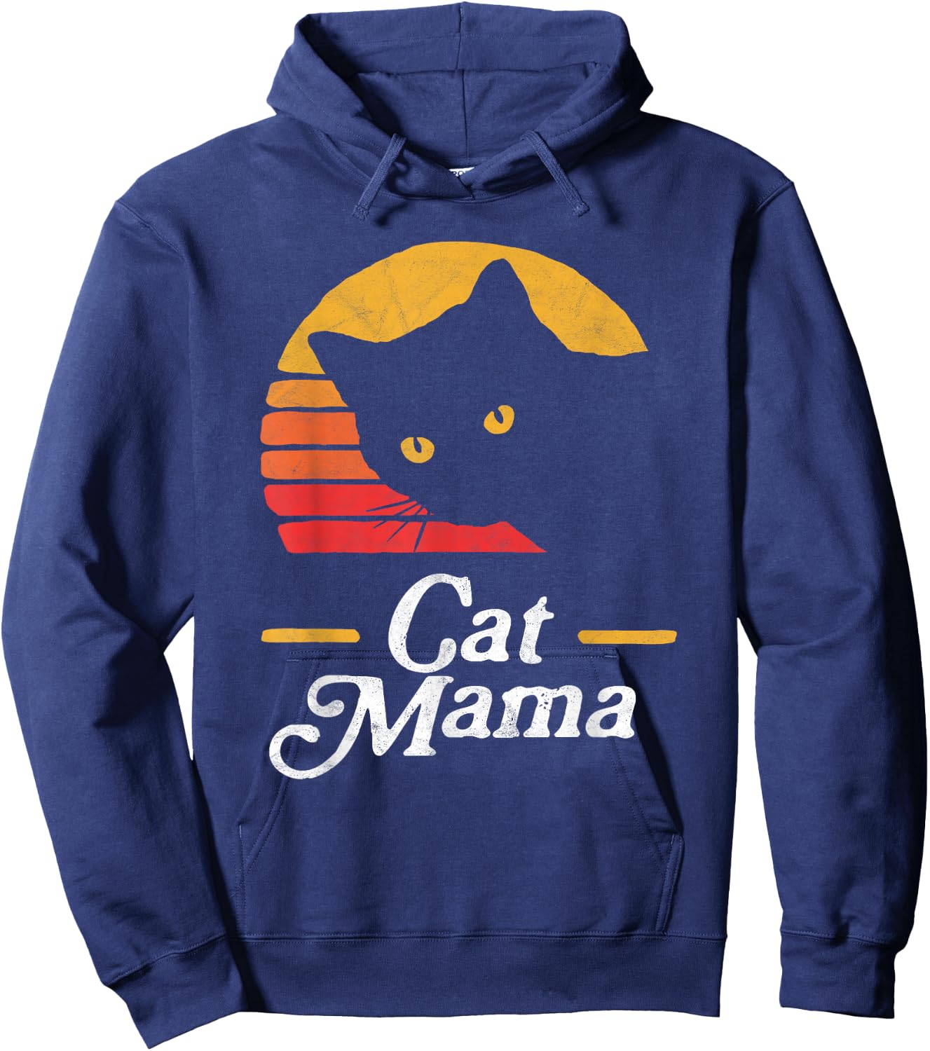 Cat Mama Vintage Eighties Style Cat Retro Distressed Hoodie - Hoodie | Navy