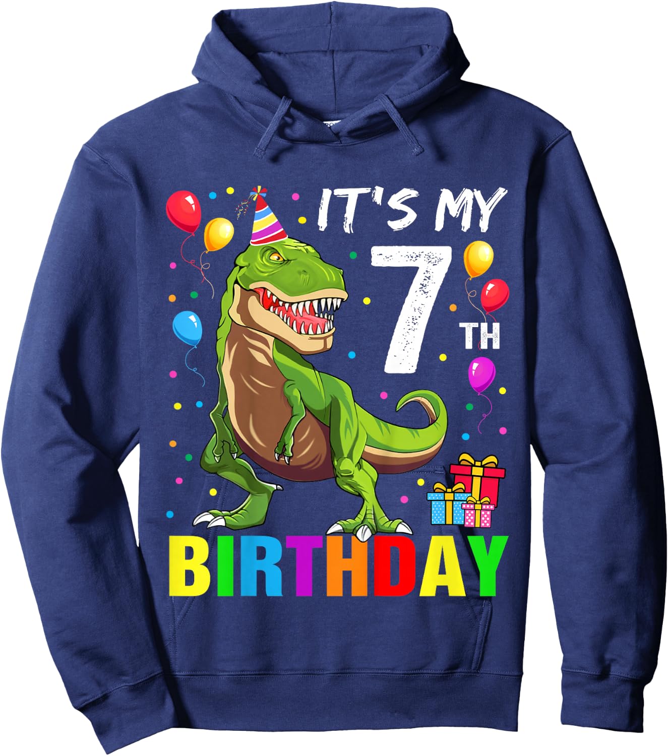 Kids It's My 7th Birthday Happy 7 Year T-Rex Boys Hoodie - Hoodie | Navy