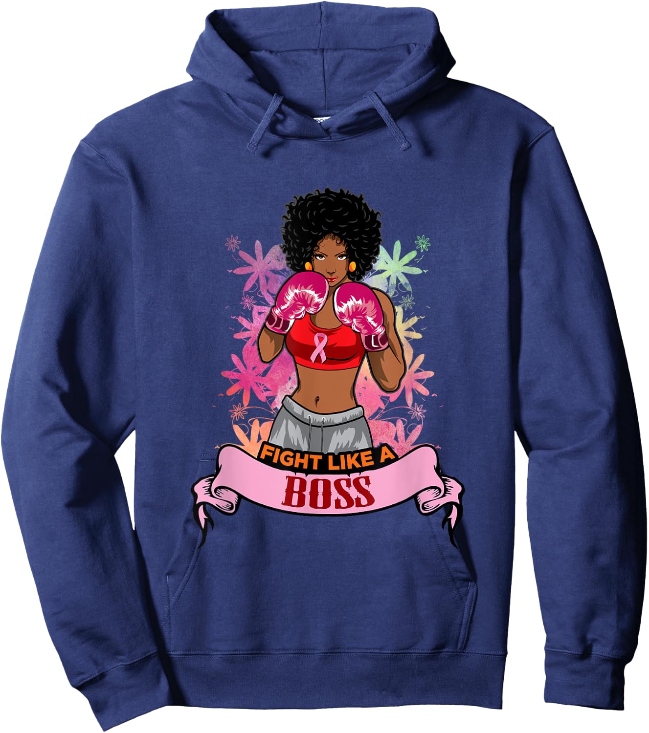 Black Girl Pink Warrior Breast Cancer Awareness Boxing Hoodie - Hoodie | Navy