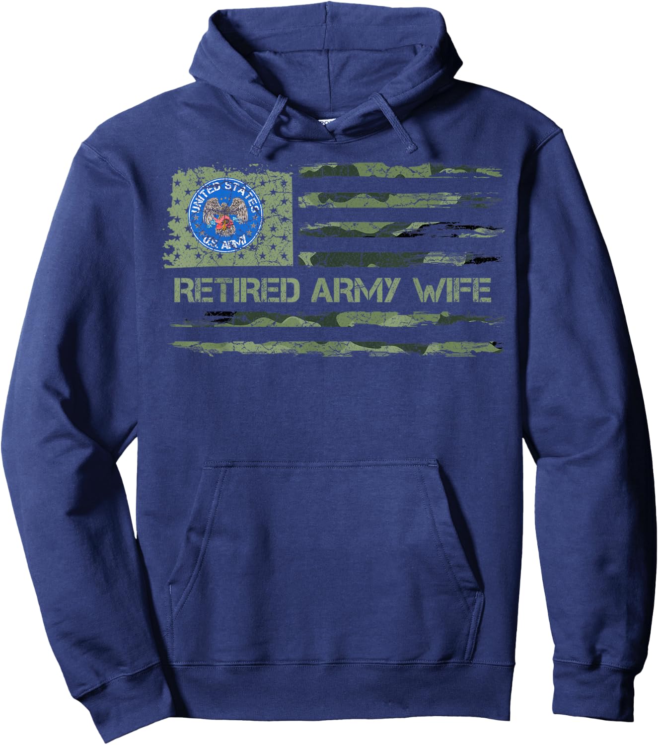 Vintage USA American Camo Flag Retired US Army Veteran Wife Hoodie - Hoodie | Navy