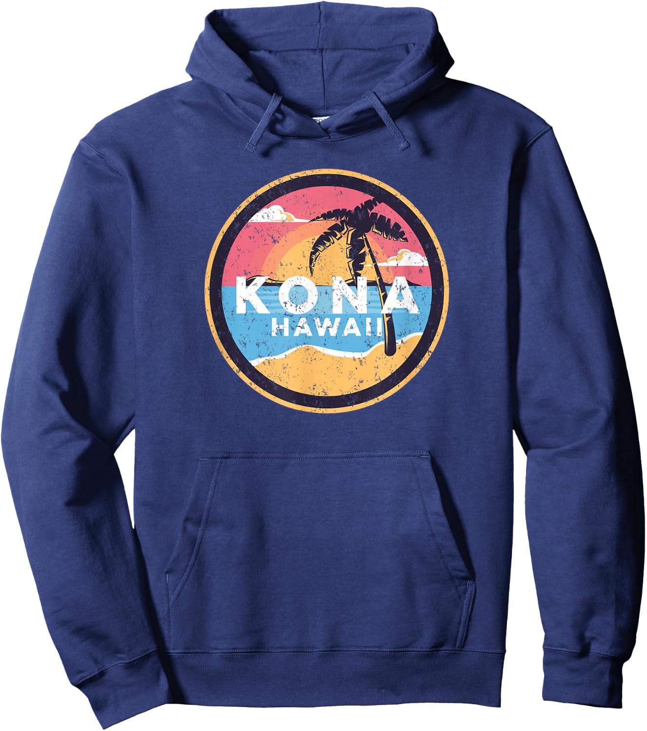 Kona Hawaii Vintage Distressed Surfer Beach Palm Tree Sunset Hoodie - Hoodie | Navy