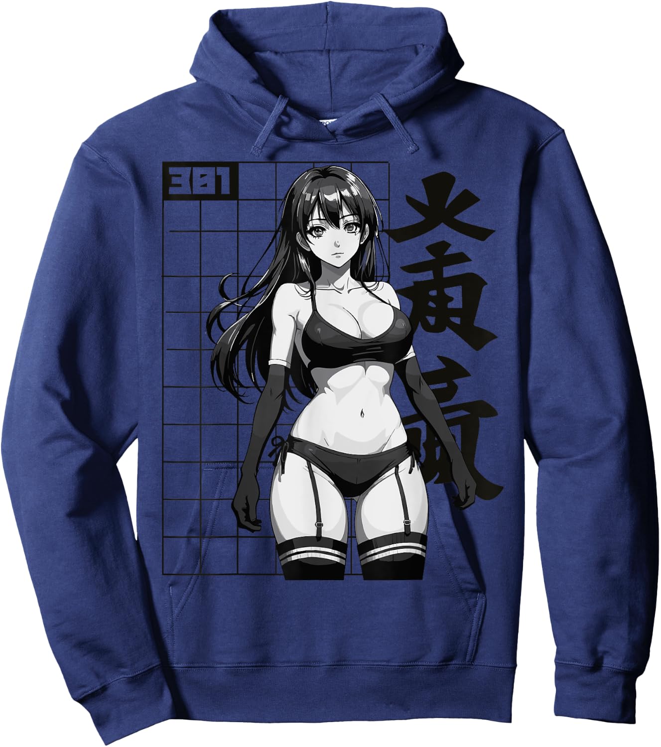 Sexy Waifu Otaku Anime Girl Japanese in Black and White Art Hoodie - Hoodie | Navy
