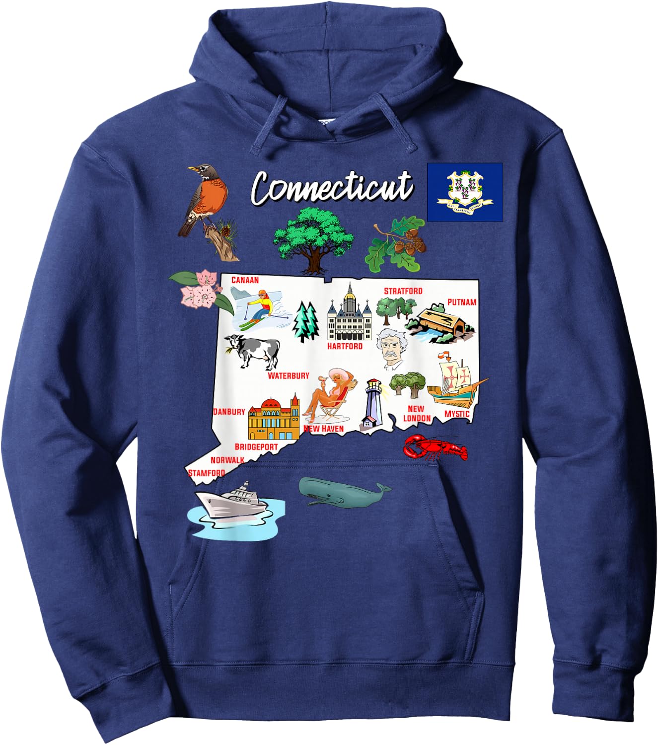 Illustrated map of Connecticut in the USA, cities Hoodie - Hoodie | Navy