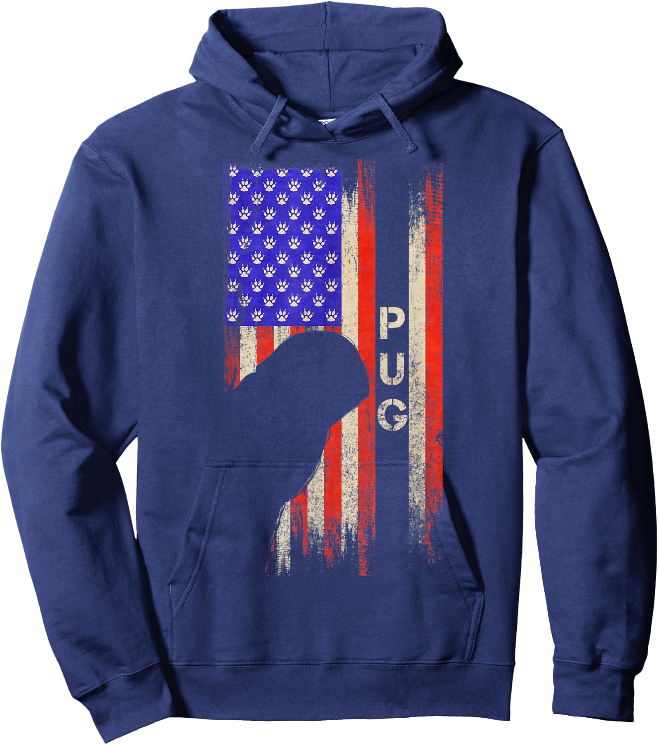Vintage USA American Flag Pug Dog Silhouette Distressed Kids Men Hoodie - Hoodie | Navy