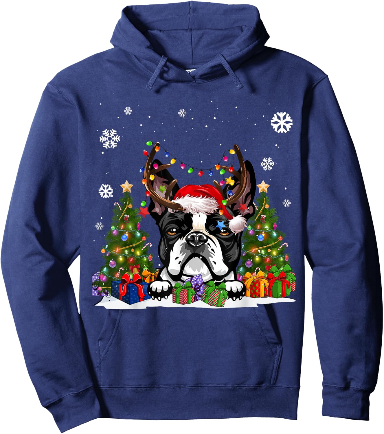 Funny Dog Boston Terrier Santa Hat Ugly Christmas Sweater Women Kids Hoodie - Hoodie | Navy
