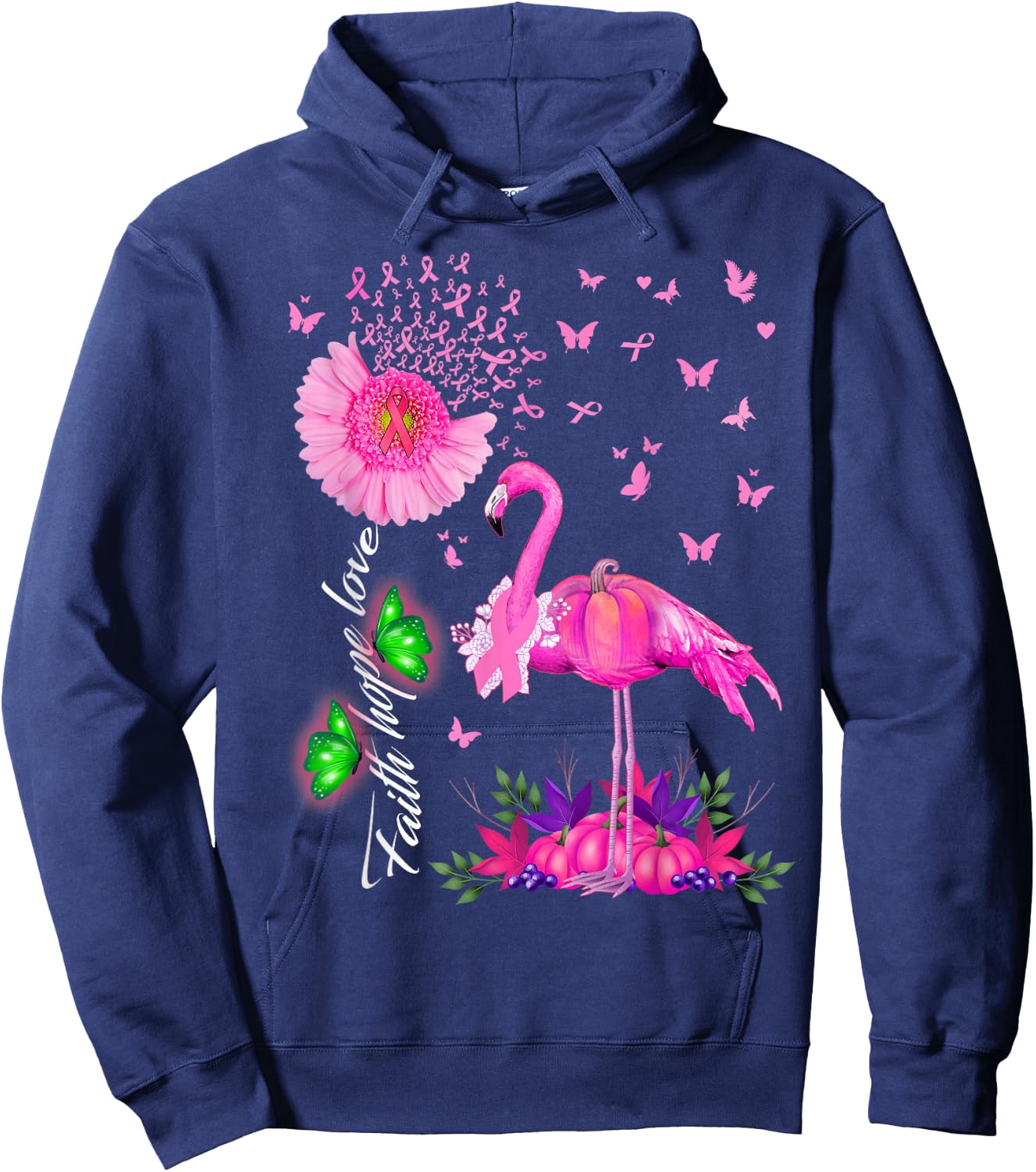 Flamingo Faith Hope Love Pink Pumpkin Ribbon Breast Cancer Hoodie - Hoodie | Navy
