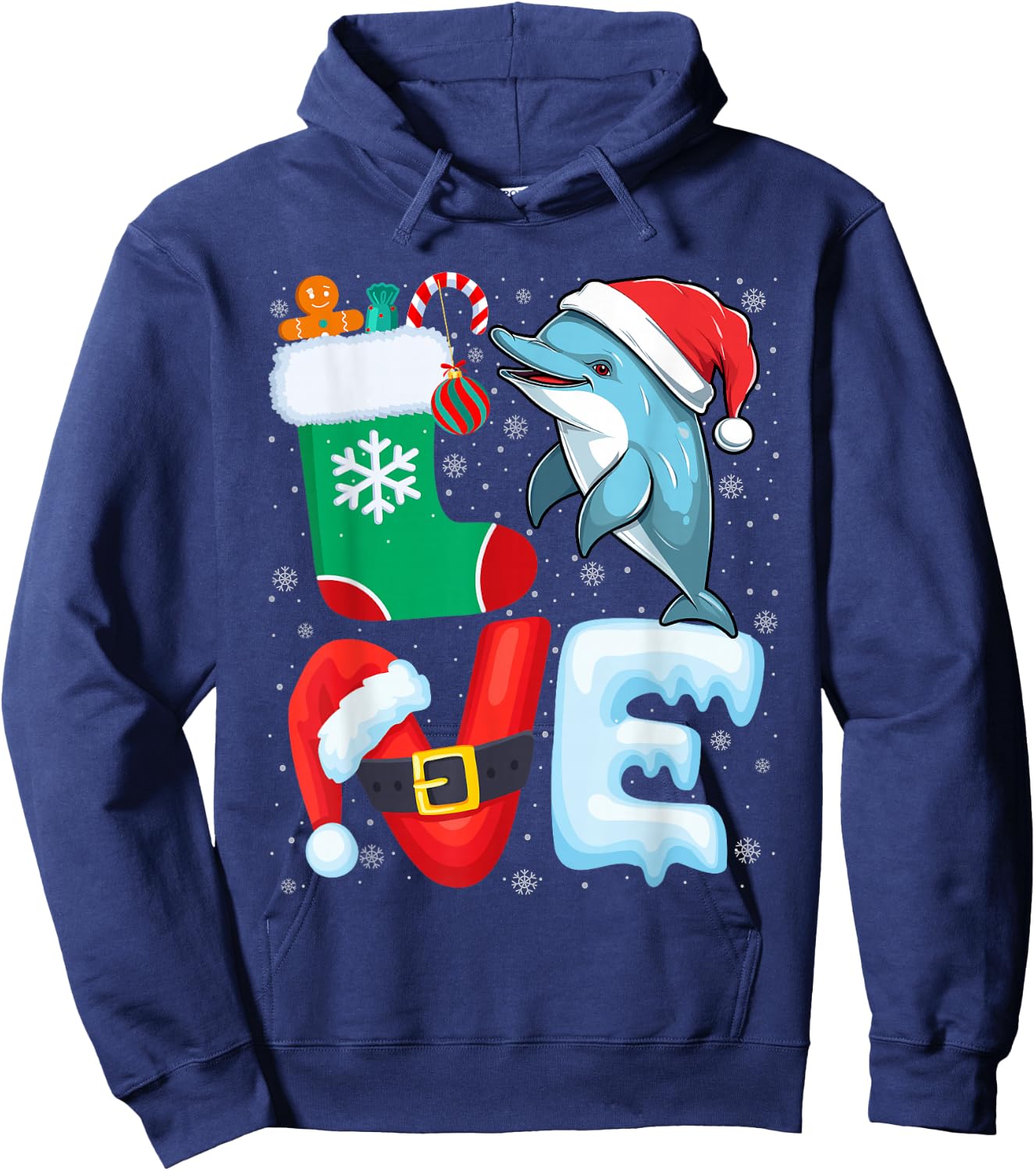 Dolphin Christmas Shirt Dolphin Wearing Santa Hat Xmas Hoodie - Hoodie | Navy