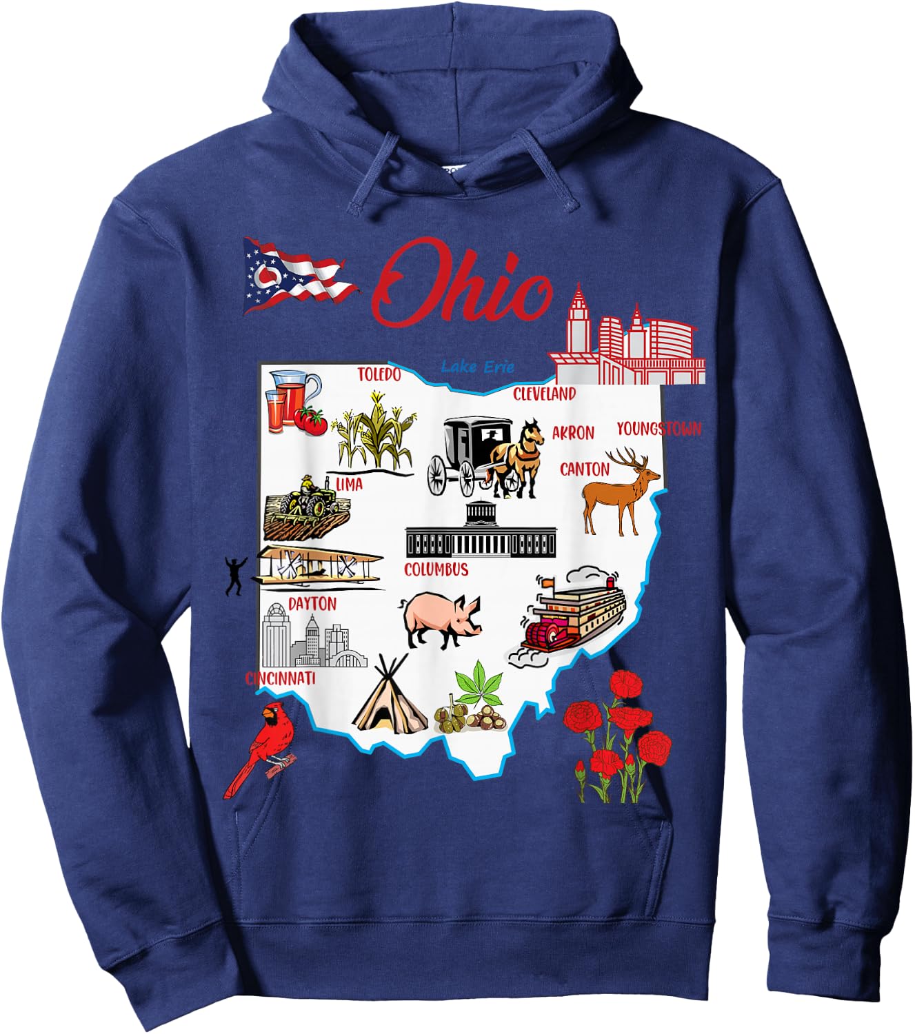 Illustrated map of the state of Ohio in the USA, major cities Hoodie - Hoodie | Navy