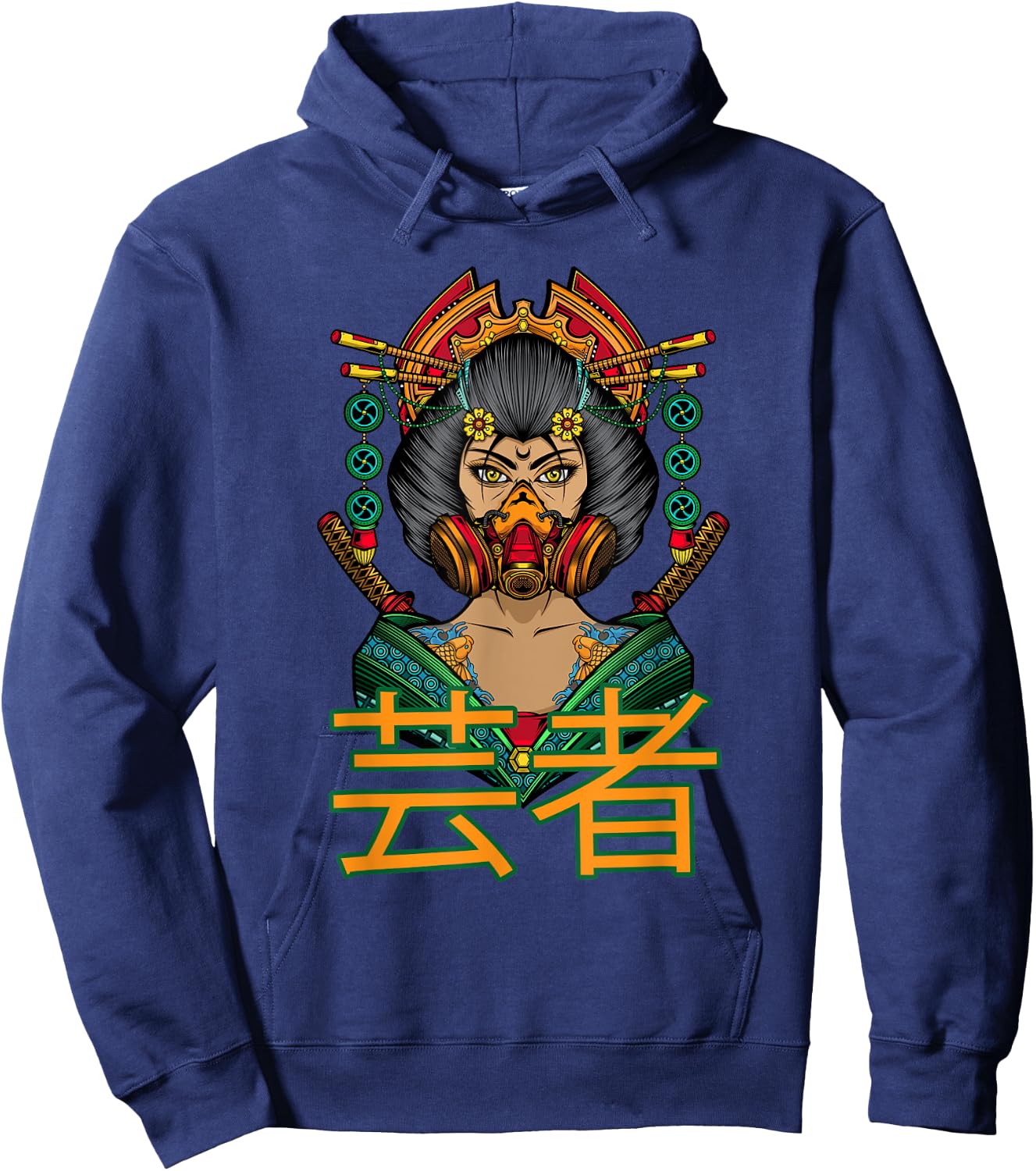 Beautiful Japanese Geisha with Samurai, Gas Mask and Flowers Hoodie - Hoodie | Navy