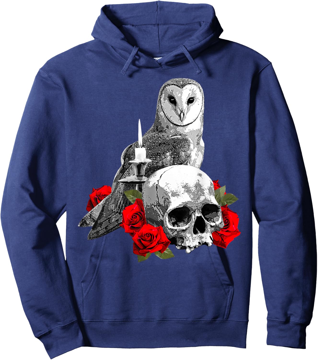 Spooky Witch Skull, Wiccan Owl and Candle with Red Roses Hoodie - Hoodie | Navy