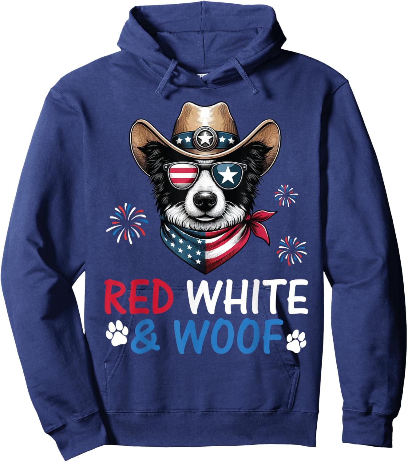 Border Collie Cowboy Costume Fireworks Red White and Woof Hoodie - Hoodie | Navy