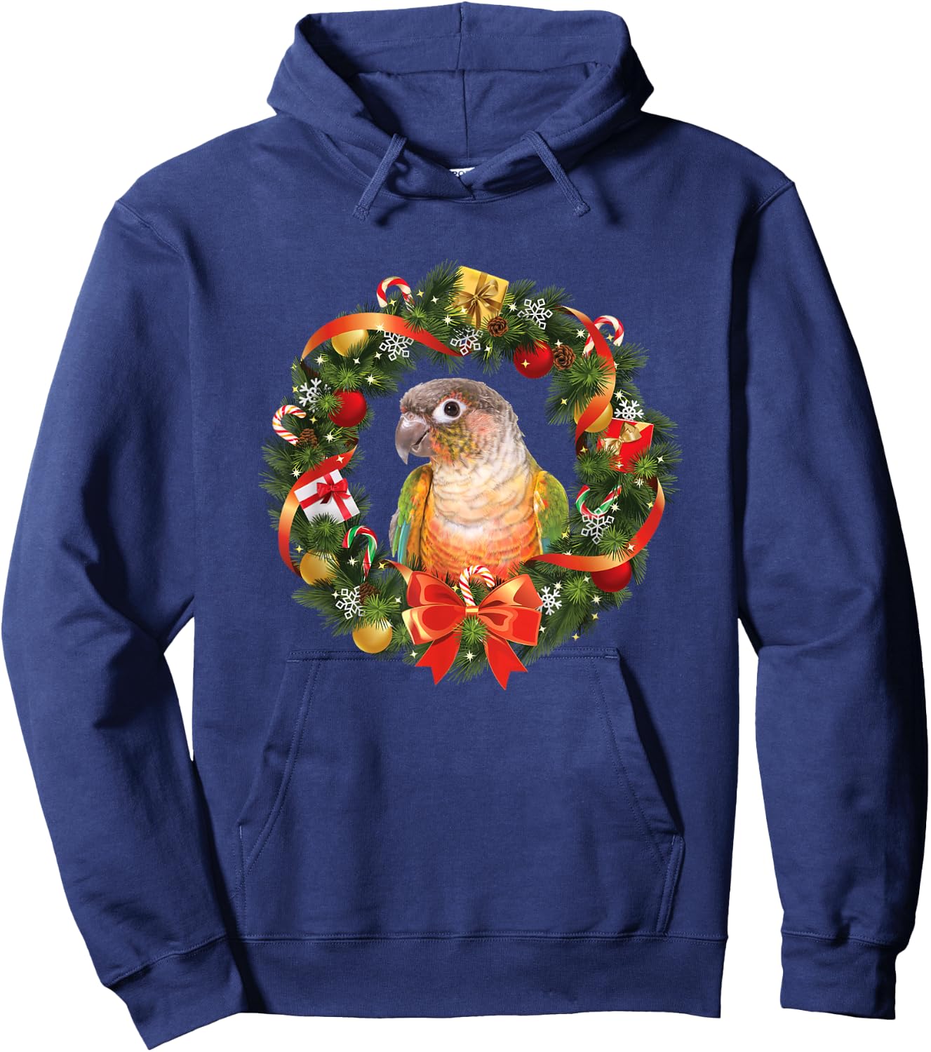 Green Cheek Conure Parrot Christmas Wreath Hoodie - Hoodie | Navy