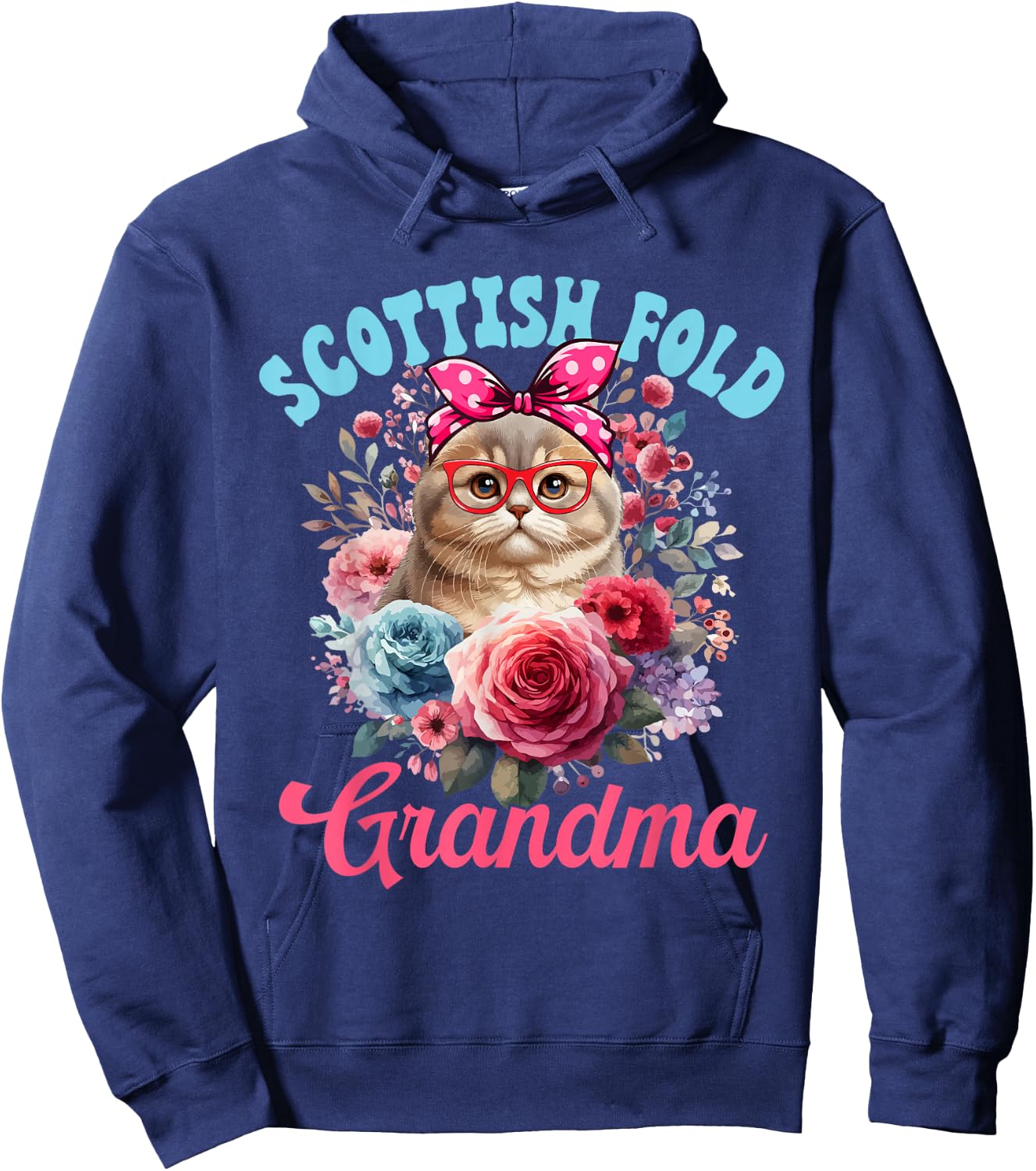 Scottish Fold Grandma Mother's Day Cat Bow Tie Floral Hoodie - Hoodie | Navy