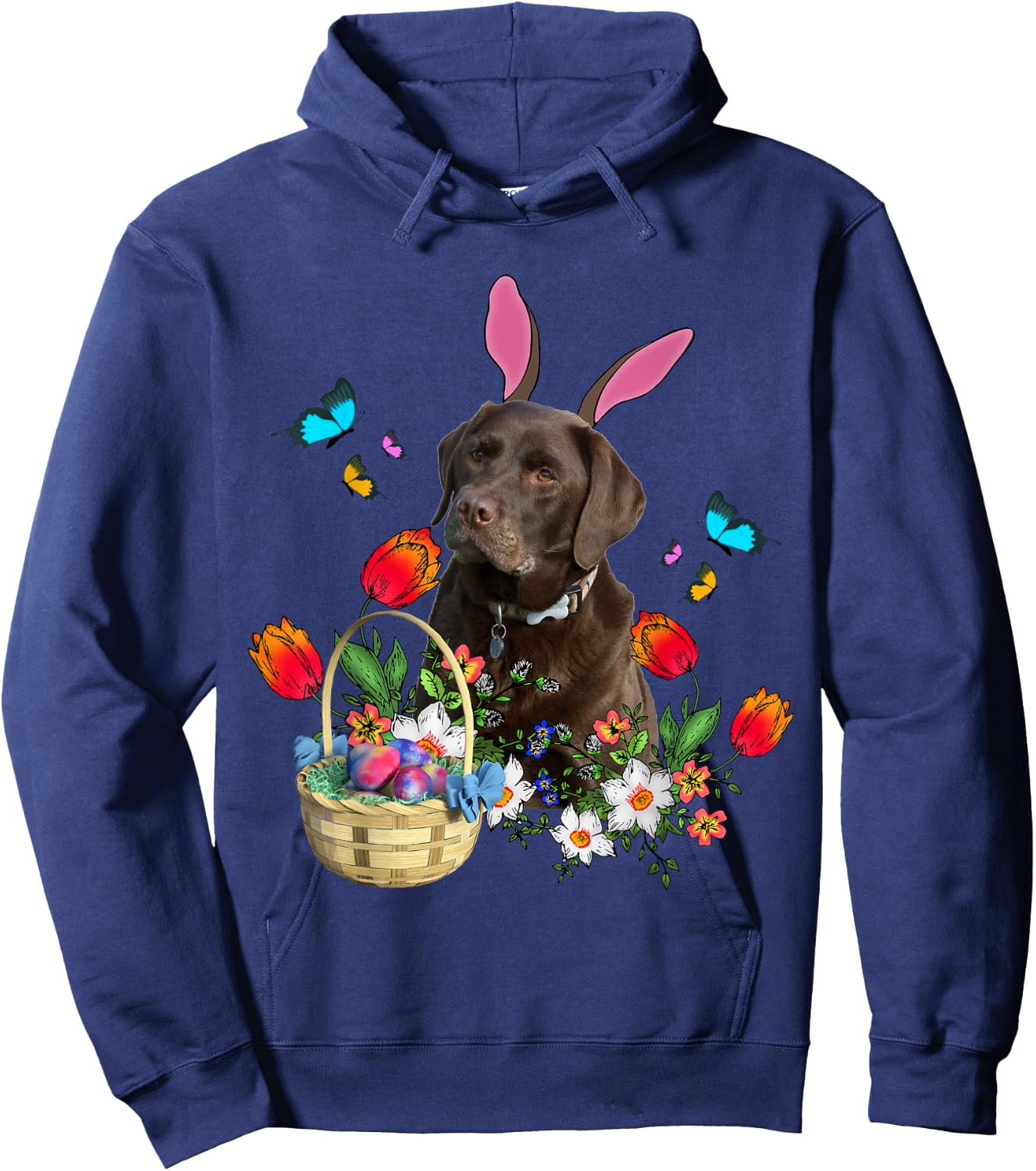Chocolate Labrador Bunny Dog With Easter Eggs Basket Spring Women Girls Kids Hoodie - Hoodie | Navy