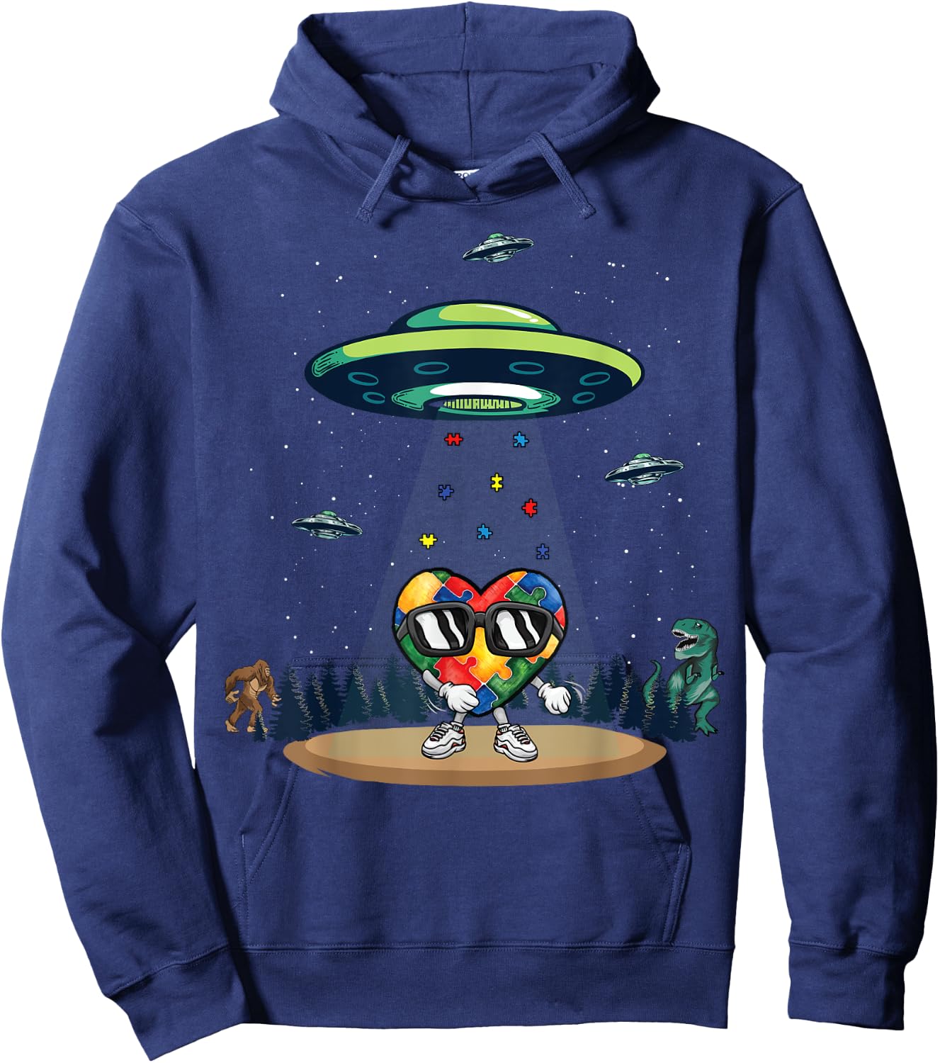 UFO Dinosaur Bigfoot Love Kindness Autism Awareness Puzzle Hoodie - Hoodie | Navy