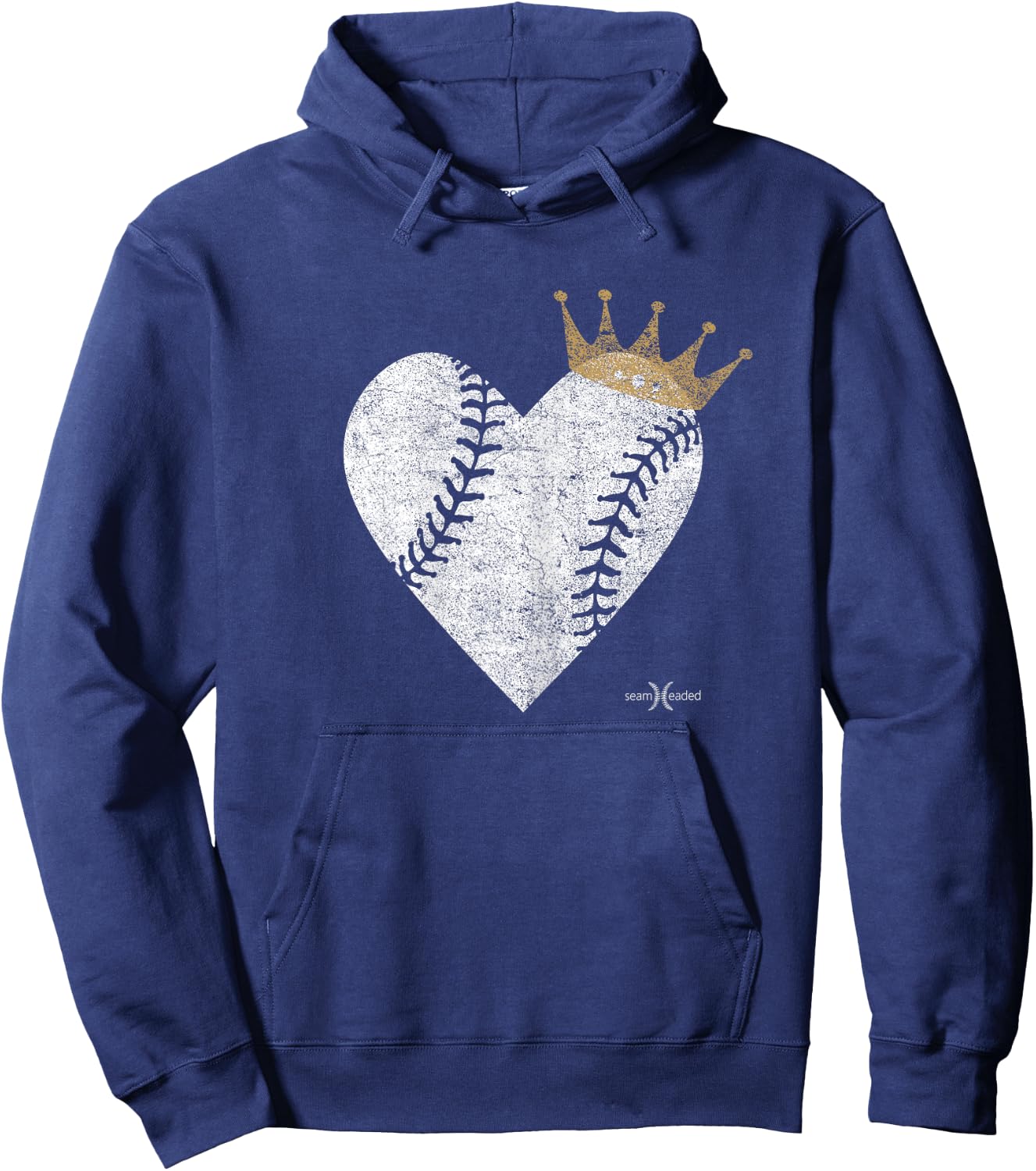 Vintage Baby Blue Royal Baseball Heart with Crown Hoodie - Hoodie | Navy