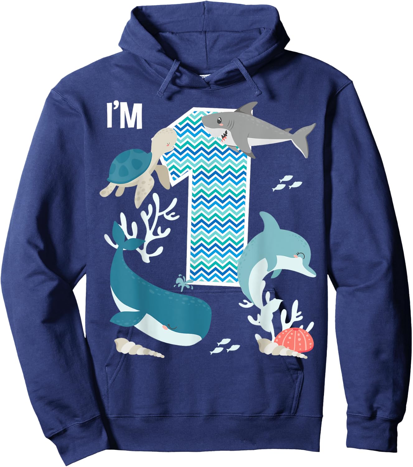 Kids 1 Year Old Ocean Life Whale Dolphin Shark 1st Birthday Hoodie - Hoodie | Navy