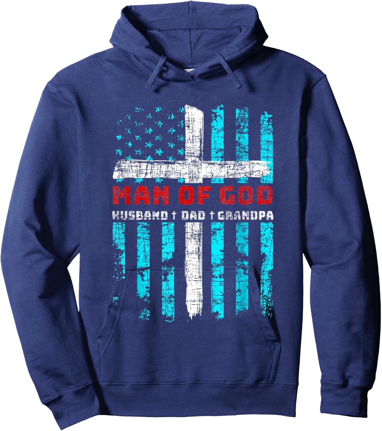 Man Of God Husband Dad Grandpa American Flag Christian Cross Hoodie - Hoodie | Navy