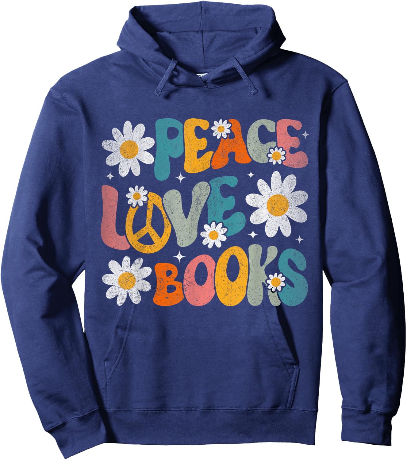 Peace Love Books Bookworm Librarian Reading Teacher Groovy Hoodie - Hoodie | Navy