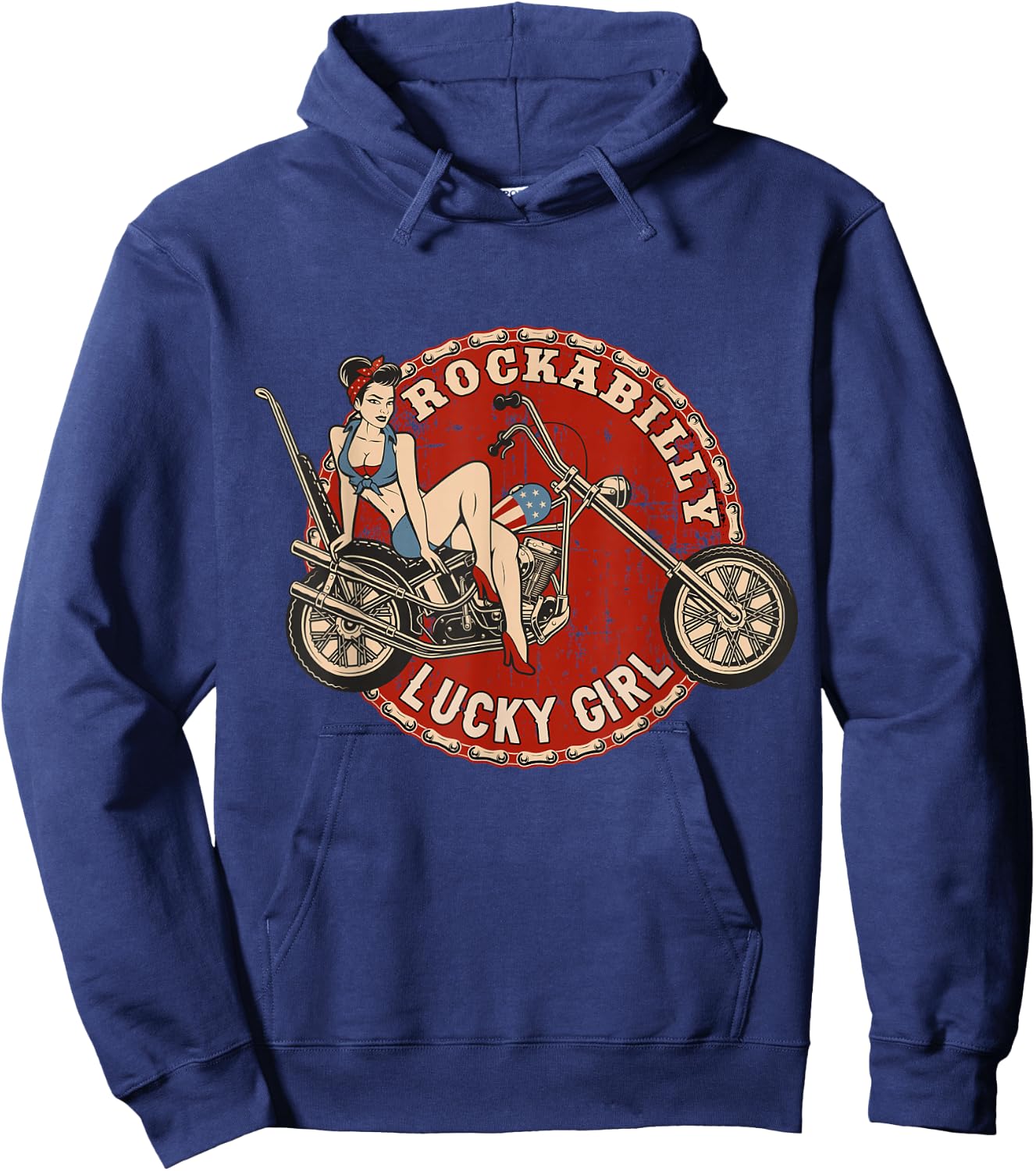Motorcycle Pinup Girl Old School Rockabilly Lucky Girl Hoodie - Hoodie | Navy