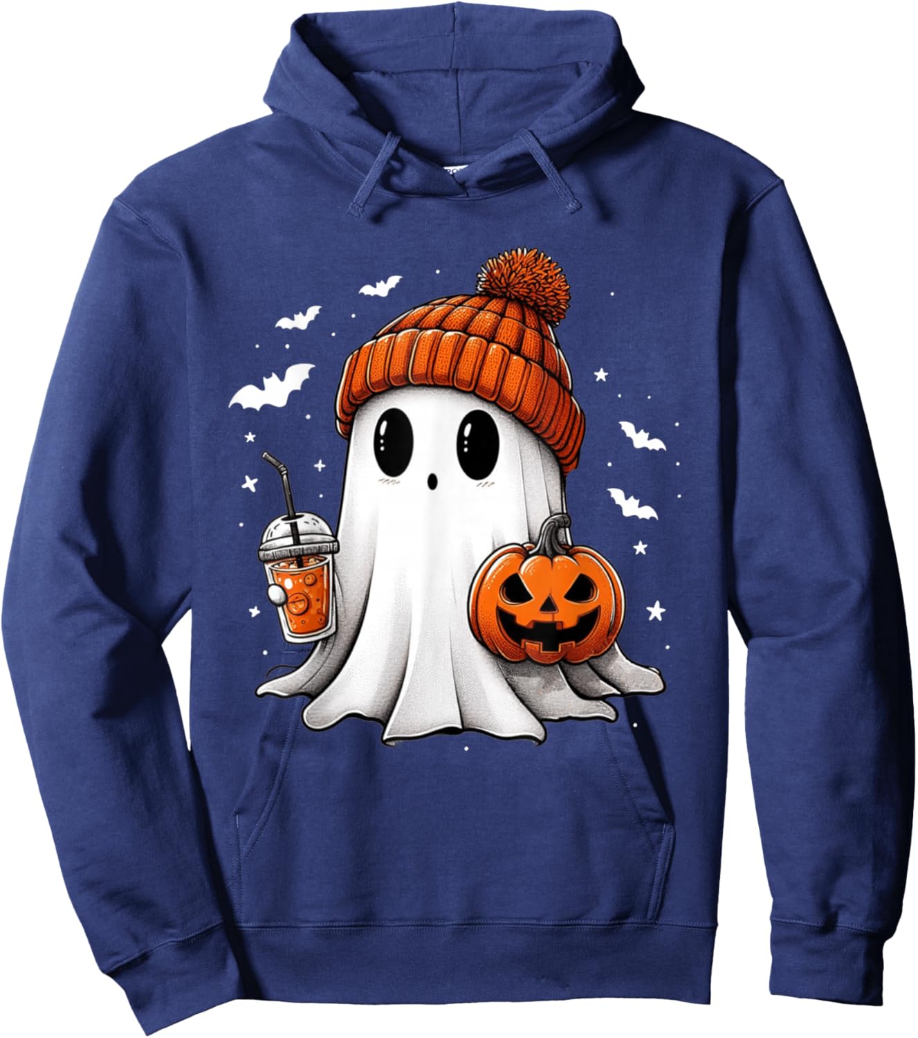 Cute Ghost Drinking Coffee Halloween Ghost Ice Coffee Hoodie - Hoodie | Navy