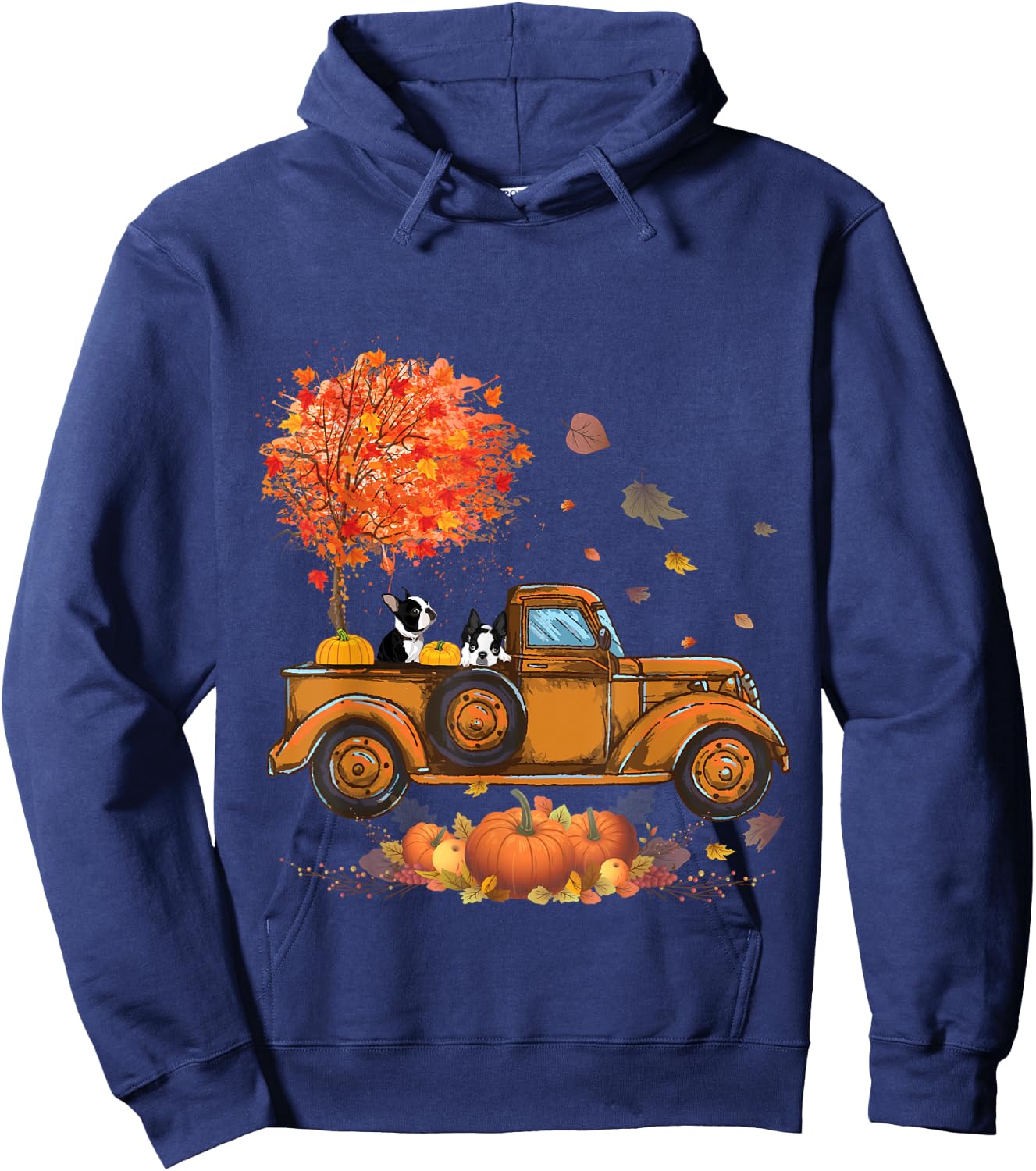 Boston Terrier Pumpkins Truck Autumn Leaf Fall thanksgiving Hoodie - Hoodie | Navy