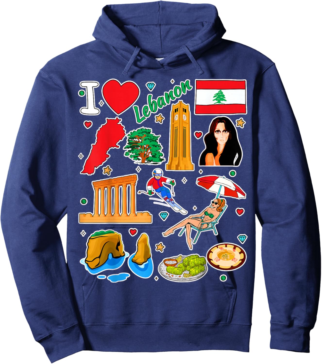 Lebanese hand drawn symbols, Lebanon map, cultural icons Hoodie - Hoodie | Navy