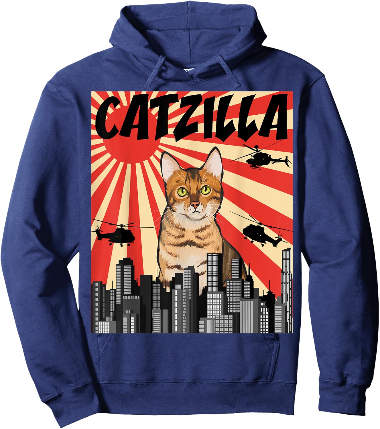 Funny Retro Japanese Catzilla Bengal Cat Hoodie - Hoodie | Navy