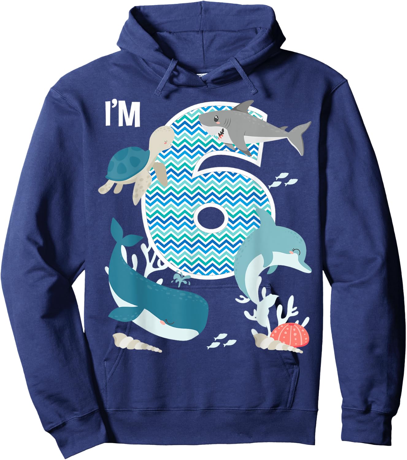 Kids 6 Year Old Ocean Life Whale Dolphin Shark 6th Birthday Hoodie - Hoodie | Navy
