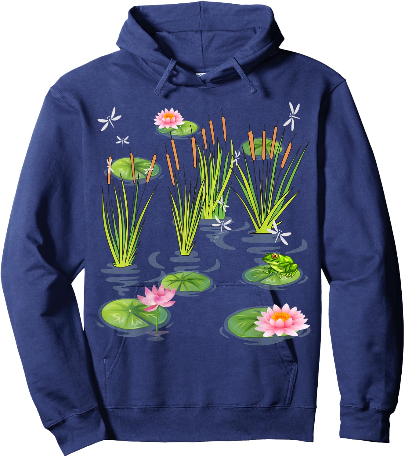 Water Lily Dragonflies with Frog on Lily Leaf Cattails Hoodie - Hoodie | Navy