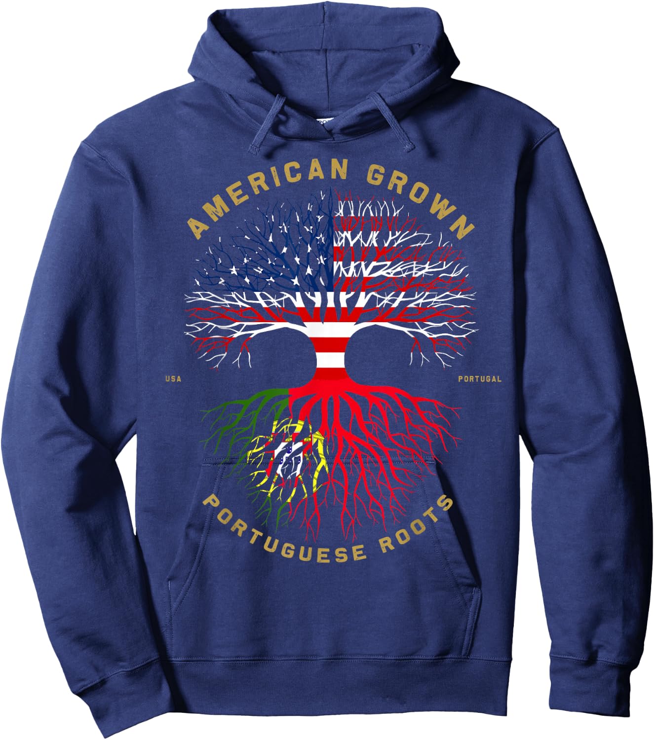 American Grown with Portuguese Roots Tree USA Flag Gifts Hoodie - Hoodie | Navy